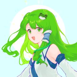Rule 34 | 1girl, absurdres, chinese commentary, collared shirt, commentary request, detached sleeves, frog hair ornament, green eyes, green hair, hair ornament, highres, kochiya sanae, long hair, long sleeves, open mouth, shirt, single hair tube, sleeveless, sleeveless shirt, smile, solo, touhou, tuyeyeyo, white shirt, white sleeves