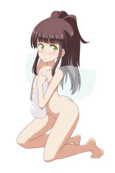 Rule 34 | 1girl, alternate hairstyle, ass, barefoot, blunt bangs, blush, cato (monocatienus), commentary, completely nude, covering privates, covering breasts, fairy wings, feet, flat chest, full body, hair up, highres, holding, holding towel, kneeling, long hair, looking at viewer, nude, parted lips, ponytail, sidelocks, simple background, solo, star sapphire, touhou, towel, white background, wings, yellow eyes