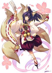 Rule 34 | 1girl, animal ears, anklet, armpit cutout, bell, closed mouth, clothing cutout, flower, fox, fox ears, fox tail, full body, geta, hair intakes, hand up, highres, holding, japanese clothes, jewelry, jingle bell, kimono, kotatsu (g-rough), long hair, long sleeves, multiple tails, no nose, no socks, ofuda, ponytail, puffy shorts, purple hair, shorts, signature, simple background, slit pupils, smile, solo, standing, standing on one leg, tail, tengu-geta, white background, wide sleeves, yellow eyes
