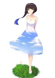 Rule 34 | 1girl, absurdres, arms behind back, bare shoulders, blue hair, breasts, brown hair, closed mouth, commentary, dress, english commentary, full body, gradient hair, grass, green eyes, highres, long hair, looking at viewer, lordol, medium breasts, multicolored hair, original, shoes, side ponytail, simple background, sky print, smile, solo, sundress, white background, white footwear
