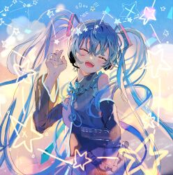 Rule 34 | 1girl, anniversary, black sleeves, blue background, blue hair, blue necktie, closed eyes, cloud, collared shirt, commentary, constellation, detached sleeves, frilled shirt, frills, grey shirt, hand up, hatsune miku, head tilt, headphones, highres, long hair, looking at viewer, makoji (yomogi), necktie, open mouth, purple skirt, shirt, skirt, sleeveless, sleeveless shirt, smile, solo, star (symbol), teeth, twintails, upper body, upper teeth only, vocaloid, wavy hair, yellow clouds