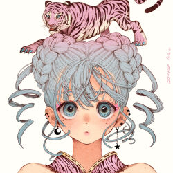 Rule 34 | 1girl, 2022, absurdres, animal, animal on head, aqua eyes, mismatched earrings, bare shoulders, braid, chinese zodiac, dated, highres, looking at viewer, on head, original, portrait, simple background, solo, tiger, twin braids, twintails, white background, year of the tiger, yuuinami
