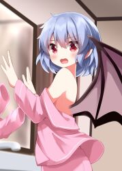 Rule 34 | 1girl, alternate costume, bare back, bare shoulders, bat wings, blue hair, blush, commentary request, highres, long sleeves, mirror, off shoulder, pajamas, pants, pink pajamas, pink pants, pink shirt, pointy ears, red eyes, remilia scarlet, ruu (tksymkw), shirt, short hair, solo, touhou, wings, worried
