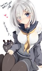 Rule 34 | 10s, 1girl, :/, absurdres, black pantyhose, blue eyes, blush, breasts, cardigan, closed mouth, eyes visible through hair, hair ornament, hair over one eye, hairclip, hamakaze (kancolle), heart, highres, kantai collection, large breasts, looking at viewer, neckerchief, netarou, open cardigan, open clothes, pantyhose, pleated skirt, rensouhou-kun, school uniform, serafuku, short hair, silver hair, skirt, yellow neckerchief