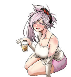 alcohol, arm up, blush, breasts, cleavage, cup, drunk, fate/grand order, fate (series), glass, holding, holding cup, koyubi (littlefinger1988), large breasts, layered clothing, looking at viewer, miyamoto musashi (fate), off shoulder, pink hair, sitting, skirt, smile