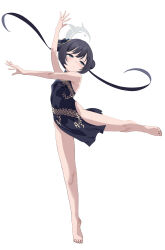 Rule 34 | 1girl, absurdres, bare shoulders, barefoot, black dress, black hair, blue archive, blush, braid, braided bun, breasts, butterfly hair ornament, china dress, chinese clothes, double bun, dragon print, dress, full body, grey eyes, hair bun, hair ornament, halo, highres, kisaki (blue archive), long hair, looking to the side, pelvic curtain, short dress, side slit, small breasts, twintails, yamaneko (tkdrumsco)