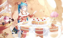 Rule 34 | 1girl, ahoge, aqua hair, cake, cat, cheese, closed eyes, flower, food, fork, fruit, hair ribbon, hatsune miku, highres, jerry (tom and jerry), long hair, mouse (animal), qys3, ribbon, sitting, smile, spoon, strawberry, tom, tom and jerry, twintails, vase, very long hair, vocaloid
