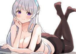 Rule 34 | 1girl, absurdres, ass, black bra, black panties, black pantyhose, blue archive, blush, book, bra, breasts, cleavage, collarbone, grey hair, hand on own cheek, hand on own face, highres, kirin (kirin1023), large breasts, legs up, light smile, long hair, lying, noa (blue archive), on stomach, panties, panties under pantyhose, pantyhose, purple eyes, sideways glance, simple background, solo, straight hair, thigh strap, underwear, underwear only, very long hair, white background