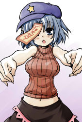 Rule 34 | 1girl, akou roushi, alternate costume, bare shoulders, beret, blue eyes, blue hair, blush, breasts, covered erect nipples, female focus, hat, large breasts, matching hair/eyes, miyako yoshika, navel, ofuda, open mouth, outstretched arms, ribbed sweater, short hair, skirt, sleeveless, solo, star (symbol), sweater, touhou, zombie pose