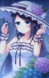 Rule 34 | 1girl, bare shoulders, bare tree, black bow, black hair, blue eyes, blue flower, blush, bow, breasts, closed mouth, collarbone, commentary request, dress, earrings, flower, hands up, hat, hat bow, hat flower, highres, hydrangea, jewelry, long hair, looking at viewer, original, outdoors, purple flower, rain, sanotsuki, sleeveless, sleeveless dress, small breasts, solo, sun hat, swept bangs, tree, very long hair, white bow, white dress, white hat, wrist cuffs
