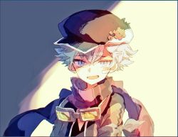 1boy, black headwear, blue eyes, character request, goggles, goggles around neck, grey shirt, hair between eyes, hat, hat ornament, hibi89, jacket, looking at viewer, male focus, merc storia, open mouth, scarf, shirt, short hair, simple background, smile, solo, white hair