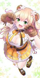 Rule 34 | 1girl, :d, absurdres, animal ears, animal hands, arm garter, asymmetrical legwear, bear ears, bear paws, bell, blonde hair, blush, boots, bow, bowtie, breasts, brown footwear, chromatic aberration, claw pose, cleavage, cleavage cutout, clothing cutout, corset, creid, fang, flower, frilled shirt, frilled skirt, frilled thighhighs, frills, from above, full body, gloves, gradient hair, green eyes, hair flower, hair ornament, highres, hololive, jingle bell, large breasts, layered skirt, long hair, looking at viewer, miniskirt, momosuzu nene, multicolored hair, multicolored neckwear, neck bell, open mouth, orange skirt, paw gloves, petticoat, pink hair, shirt, single thighhigh, skirt, sleeveless, sleeveless shirt, smile, solo, thighhighs, two side up, underbust, uneven legwear, virtual youtuber, white thighhighs, yellow skirt