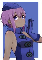 Rule 34 | 1girl, bare shoulders, blue background, blue dress, blue gloves, blue hat, blush, breasts, closed mouth, cosplay, dark-skinned female, dark skin, dress, elizabeth (persona), elizabeth (persona) (cosplay), fate/prototype, fate/prototype: fragments of blue and silver, fate (series), flat cap, gloves, hair between eyes, hand up, hassan of serenity (fate), hat, highres, i.u.y, persona, persona 3, purple eyes, purple hair, sleeveless, sleeveless dress, small breasts, smile, solo, two-tone background, upper body, white background