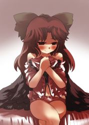 Rule 34 | 1girl, bare shoulders, bed, black eyes, blush, bottomless, bow, bow panties, brown hair, clothes in front, covering privates, female focus, gaoo (frpjx283), hair ribbon, hands on own chest, crossed legs, long hair, no pants, panties, reiuji utsuho, ribbon, sitting, solo, touhou, underwear, wings