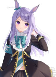 Rule 34 | 1girl, animal ears, aqua bow, aqua bowtie, armband, bad id, bad pixiv id, black jacket, black skirt, blush, bow, bowtie, closed mouth, commentary request, ear ribbon, frilled jacket, frilled sleeves, frills, green bow, green ribbon, hand up, horse ears, horse girl, jacket, long hair, long sleeves, mejiro mcqueen (umamusume), open clothes, open jacket, pleated skirt, purple eyes, purple hair, ribbon, simple background, skirt, smile, solo, swept bangs, twitter username, umamusume, upper body, very long hair, white background, yumoran