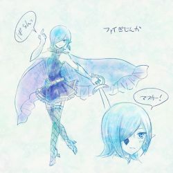 Rule 34 | 1girl, blue eyes, blue hair, cape, fi (zelda), gloves, hair over one eye, high heels, humanization, hyrule warriors, jewelry, matching hair/eyes, nintendo, personification, pointy ears, skirt, solo, text focus, the legend of zelda, the legend of zelda: skyward sword, thighhighs, translation request