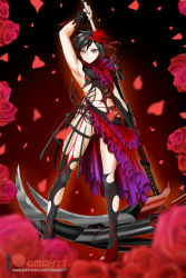 Rule 34 | 1girl, adapted costume, alternate costume, arm up, black hair, black thighhighs, blurry, breasts, corruption, crescent rose, depth of field, flower, full body, gluteal fold, gradient hair, grey eyes, hair flower, hair ornament, heart, heart tattoo, high heels, highres, kimmy77, makeup, mascara, medium breasts, multicolored hair, navel, petals, red hair, revealing clothes, rose petals, ruby rose, rwby, scythe, short hair, solo, tattoo, thighhighs, torn clothes, torn thighhighs, two-tone hair, underwear, watermark