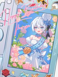 Rule 34 | 1girl, :d, blue bow, blue choker, blue eyes, bow, breasts, butterfly hair ornament, character name, choker, commentary request, detached sleeves, dress, flower, franhill, grey hair, hair between eyes, hair bun, hair ornament, happy birthday, highres, honkai (series), honkai impact 3rd, medium breasts, open mouth, pink flower, pink rose, pleated dress, puffy short sleeves, puffy sleeves, rose, sash, short sleeves, smile, solo, strapless, strapless dress, theresa apocalypse, white dress, white flower, white sleeves