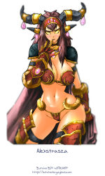Rule 34 | 1girl, alexstrasza, armlet, armor, bikini, bikini armor, blush, breasts, butcherboy, cape, choker, cleavage, gauntlets, gloves, glowing, glowing eyes, hairband, hip focus, horns, huge breasts, jewelry, legs, long hair, midriff, red hair, simple background, swimsuit, thong, warcraft, white background, wide hips, world of warcraft, yellow eyes