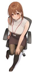 Rule 34 | 1girl, absurdres, arm support, black footwear, blush, breasts, brown hair, brown pantyhose, cover, cover page, dark skin, earrings, hand on own thigh, highres, jewelry, lanyard, large breasts, looking at viewer, mole, mole on armpit, mole under eye, office lady, ol-chan (udon), original, pantyhose, pencil skirt, ribbed sweater, sitting, skirt, sleeveless, sleeveless sweater, smile, solo, stud earrings, sweater, textless version, translation request, udon (udonalium), white sweater