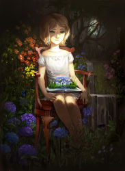 Rule 34 | 1girl, bird, blonde hair, book, chair, collarbone, daffodil, earth (planet), empty eyes, expressionless, flower, green eyes, highres, hydrangea, magic pop-up book, mansion, mugon, original, owl, planet, pop-up book, rainbow, short hair, sitting, solo, space, tiger, wolf