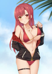 Rule 34 | 1girl, anchor symbol, arm behind back, arrow through heart, bikini, bikini pull, blue sky, blush, breasts, cleavage, clothes pull, cloud, earrings, heart, heart earrings, heart necklace, heterochromia, highres, hololive, houshou marine, houshou marine (summer), jacket, jewelry, large breasts, leaf, looking at viewer, navel, necklace, no headwear, o-ring, o-ring thigh strap, off shoulder, official alternate costume, parted lips, red eyes, red hair, sky, solo, standing, straight hair, sweatdrop, swimsuit, terry (pixiv3274443), thigh strap, unzipped, virtual youtuber, yellow eyes