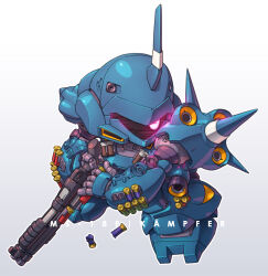 Rule 34 | character name, chibi, commentary, full body, glowing, glowing eye, gun, gundam, gundam 0080, highres, holding, holding gun, holding weapon, horns, kampfer (mobile suit), legs apart, no humans, one-eyed, pink eyes, reloading, science fiction, sd gundam, shotgun, shotgun shell, shoulder spikes, simple background, single horn, solo, spikes, standing, susagane, thrusters, turning head, weapon, white background