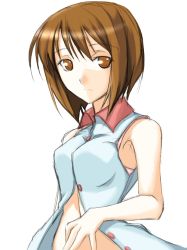 Rule 34 | 00s, 1girl, bare shoulders, blue jacket, breasts, brown eyes, brown hair, buttons, expressionless, hagiwara yukiho, idolmaster, idolmaster (classic), idolmaster 1, jacket, looking at viewer, midriff, navel, ribi, simple background, solo, stomach, unbuttoned, upper body, white background