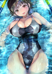Rule 34 | 1girl, absurdres, black hair, black one-piece swimsuit, blush, breasts, brown eyes, collarbone, commentary request, competition swimsuit, covered navel, highleg, highres, large breasts, looking at viewer, mole, mole under eye, nose blush, ogata tei, one-piece swimsuit, open mouth, original, partially submerged, pool, smile, solo, swimming, swimsuit, taut clothes, taut swimsuit, thighs, wet, wide hips