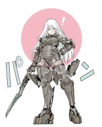 Rule 34 | !, 1girl, armor, blue eyes, breasts, broken armor, full body, gloves, hand on own hip, holding, holding sword, holding weapon, komi shin&#039;ya, long hair, nier (series), nier:automata, pantyhose, see-through, solo, sweatdrop, sword, thighhighs, weapon, white hair, a2 (nier:automata)