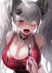 Rule 34 | 1girl, absurdres, animal ears, ankh, arms behind back, bandages, bare shoulders, blush, breasts, cleavage, collar, collarbone, crazy, crossed bangs, empty eyes, english text, eyepatch, fangs, grey hair, hair between eyes, hair ornament, havoc-chan, highres, jersey, large breasts, leaning forward, long hair, open mouth, original, pov, pov hands, red eyes, red shirt, shirt, simple background, suou-sensei, tank top, tattoo, taut clothes, taut shirt, toothbrush, toothpaste, twintails, upper body, white background, yami kawaii, yandere