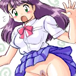 Rule 34 | 1girl, blush, breasts, censored, embarrassed, female pubic hair, green eyes, long hair, lowres, medium breasts, no panties, open mouth, pubic hair, purple hair, pussy, school uniform, shiny skin, simple background, skirt, solo, surprised, tanuki gakuen