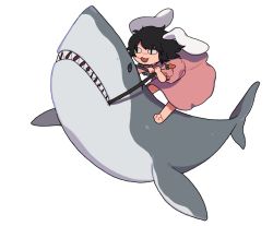 Rule 34 | 1girl, :3, animal ears, barefoot, black hair, carrot necklace, commentary request, dress, floppy ears, highres, holding, holding reins, inaba tewi, jewelry, necklace, open mouth, pink dress, rabbit ears, reins, riding shark, shark, sharp teeth, short hair, short sleeves, simple background, slit pupils, solo, tabun (osoracu), teeth, touhou, white background