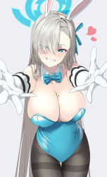 Rule 34 | 1girl, animal ears, asuna (blue archive), asuna (bunny) (blue archive), baasaku (balasaku24), black pantyhose, blue archive, blue bow, blue bowtie, blue eyes, blue leotard, blue ribbon, blush, bow, bowtie, breasts, cleavage, cowboy shot, detached collar, eyes visible through hair, fake animal ears, gloves, grin, hair over one eye, hair ribbon, halo, heart, highleg, highleg leotard, large breasts, leotard, light brown hair, long hair, looking at viewer, mole, mole on breast, outstretched arms, pantyhose, playboy bunny, rabbit ears, ribbon, simple background, smile, solo, strapless, strapless leotard, swept bangs, teeth, thighband pantyhose, thighs, very long hair, white background, white gloves
