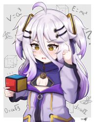 Rule 34 | 1girl, ?, @ @, absurdres, ahoge, black bra, boppin, bra, breasts, cleavage cutout, clothing cutout, dress, gradient hair, grey hair, hair between eyes, hair ornament, henya the genius, henya the genius (1st costume), highres, holding cube, jacket, long bangs, long hair, math, multicolored hair, partially unzipped, purple dress, purple hair, purple jacket, scribble, sidelocks, small breasts, solo, sweat, two side up, underwear, virtual youtuber, vshojo, yellow eyes, zipper pull tab