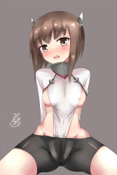 Rule 34 | 10s, 1girl, arms behind back, bad id, bad pixiv id, bike shorts, blush, breasts, brown eyes, brown hair, cowboy shot, crotch, grey background, hair between eyes, headband, headgear, jotarozaku, kantai collection, legs apart, looking to the side, no pants, open mouth, simple background, small breasts, solo, spread legs, taihou (kancolle)