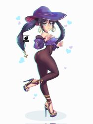 Rule 34 | 1girl, alternate costume, ass, bare shoulders, black hair, black pantyhose, blue eyes, breasts, curvy, detached sleeves, earrings, feet, genshin impact, hat, heart, heels, high heels, highres, huge ass, jewelry, large breasts, light blush, linkartoon, lips, mona (genshin impact), one leg raised, pantyhose, serious, toenails, toes, twintails, white background, witch hat