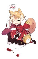 Rule 34 | 1girl, animal ears, bag, blonde hair, bow, bruise, candy apple, dog ears, dog tail, facing viewer, fang, food, full body, hair between eyes, hands on own head, injury, jong tu, multicolored hair, nail polish, open mouth, original, pantyhose, red nails, shoes, short hair, simple background, sitting, solo, spoken squiggle, squiggle, tail, tears, two-tone hair, wavy mouth, white background, white hair, white pantyhose, yellow bow