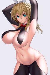Rule 34 | 1girl, animal ears, armpits, asamura hiori, bare shoulders, black pantyhose, blonde hair, bow, bowtie, breasts, cleavage, closed mouth, commentary request, cowboy shot, detached collar, fake animal ears, groin, hair between eyes, highres, large breasts, leotard, looking at viewer, meme attire, navel, original, pantyhose, playboy bunny, rabbit ears, red bow, red bowtie, revealing clothes, reverse bunnysuit, reverse outfit, short hair, sidelocks, simple background, smile, solo, standing, stomach, white background