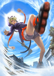 Rule 34 | 1girl, absurdres, animal ears, belt, blue hoodie, blue sky, boomerang, building, cat tail, day, falling, from below, green eyes, green hair, highres, holding, hood, hood up, hoodie, jchoy, open mouth, original, paw print, red belt, roller skates, scarf, short hair, shorts, skates, sky, solo, sun, tail, tree, white shorts