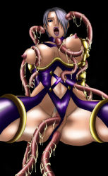 Rule 34 | anal, grabbing another&#039;s breast, breasts squeezed together, breasts, censored, choker, covered erect nipples, grabbing, hair over one eye, isabella valentine, large breasts, leotard, lipstick, makeup, namco, open mouth, pubic hair, pussy, rape, restrained, short hair, silver hair, soul calibur, soulcalibur i, spread legs, tentacles, vaginal