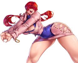 Rule 34 | 1girl, breasts, cleavage, cleavage cutout, clothing cutout, covered eyes, cropped jacket, earrings, hair over eyes, highres, jacket, jewelry, large breasts, lips, lipstick, long hair, makeup, miniskirt, owlkii, pink jacket, ponytail, red hair, shermie (kof), skirt, smile, snk, solo, split ponytail, the king of fighters, the king of fighters &#039;97, thighs