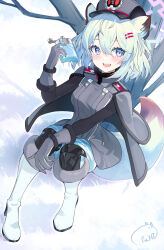 Rule 34 | 1girl, absurdres, animal ears, blue archive, blush, boots, breasts, capelet, fur hat, gloves, green hair, grey capelet, grey gloves, grey hat, hair between eyes, hair ornament, hairclip, halo, hat, highres, holding, long sleeves, medium breasts, medium hair, open mouth, pu ht, purple eyes, purple halo, shigure (blue archive), signature, smile, solo, tail, ushanka, weasel ears, weasel tail, white footwear