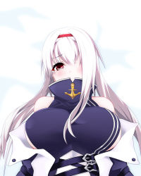 Rule 34 | 1girl, anchor symbol, andre hamonica, azur lane, blush, breasts, colorado (azur lane), commentary request, hair over one eye, hairband, highres, large breasts, long hair, looking at viewer, red eyes, simple background, solo, upper body, white background, white hair
