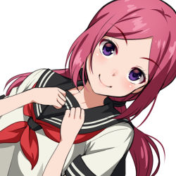 Rule 34 | 1girl, black sailor collar, blouse, closed mouth, commentary request, hands up, hiura akane, huyumitsu, long hair, looking at viewer, neckerchief, pink hair, purple eyes, red neckerchief, sailor collar, school uniform, serafuku, shirt, smile, solo, swept bangs, twintails, upper body, white shirt, world trigger
