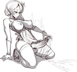 Rule 34 | 1futa, arm support, bandaged leg, bandaged neck, bandages, blush, braid, breasts, breasts out, cum, ejaculation, flower, frilled panties, frills, futanari, grey background, greyscale, hair flower, hair ornament, half-closed eyes, highres, kaine (nier), kneeling, long hair, monochrome, nier (series), open mouth, panties, penis, ribbon, simple background, sketch, skindentation, solo, standby, testicles, underwear, veins, veiny penis
