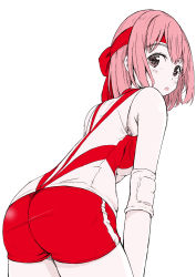 Rule 34 | 1girl, :o, ass, commentary, cowboy shot, elbow pads, from behind, girls und panzer, headband, highres, kondou taeko, leaning forward, looking at viewer, looking back, monochrome, open mouth, pantylines, red headband, red shirt, red shorts, red theme, shiiba aki, shirt, short hair, short shorts, shorts, single vertical stripe, sleeveless, sleeveless shirt, solo, sportswear, standing, volleyball uniform