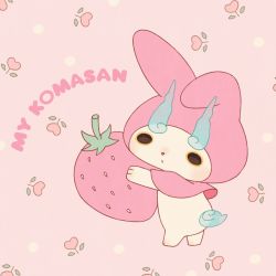 Rule 34 | 10s, animal ears, bad id, bad twitter id, character name, food, fruit, kanacho, komasan, no humans, onegai my melody, pink background, rabbit ears, sanrio, simple background, strawberry, traditional youkai, youkai watch