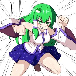 Rule 34 | 1girl, bare shoulders, blue skirt, breasts, brown footwear, clenched hands, clenched teeth, collared shirt, commentary, detached sleeves, ehehe52921343, english commentary, frog hair ornament, green eyes, green hair, hair between eyes, hair ornament, highres, japanese clothes, kochiya sanae, large breasts, long hair, long sleeves, looking at viewer, miko, miniskirt, nontraditional miko, raised fist, shirt, shoes, simple background, single hair tube, single sidelock, skirt, sleeveless, sleeveless shirt, socks, solo, teeth, touhou, v-shaped eyebrows, white background, white shirt, white sleeves, white socks