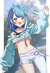 Rule 34 | 1girl, :d, absurdres, asymmetrical clothes, belt, black choker, blue hair, blue jacket, blue sky, blush, braid, camisole, choker, crop top, cropped jacket, day, earrings, hair ornament, hairclip, heart, heart hair ornament, highres, jacket, jewelry, long sleeves, looking at viewer, midriff, multicolored hair, navel, o-ring, o-ring belt, open clothes, open jacket, open mouth, orange eyes, outdoors, pants, pome charo, shiranami ramune, single pantsleg, sky, smile, solo, stomach, teeth, two-tone hair, upper teeth only, virtual youtuber, vspo!, white camisole, white hair, white pants